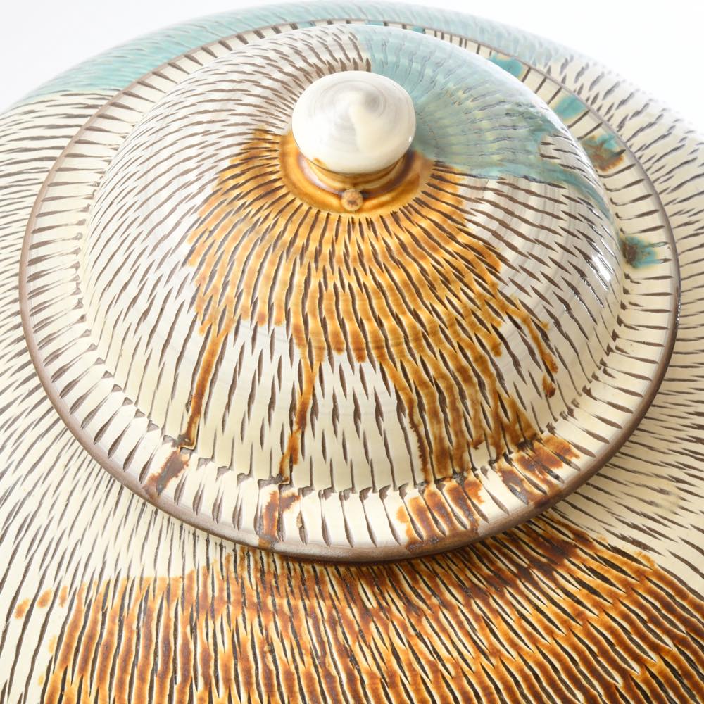 小鹿田焼 坂本浩二窯 三斗壷 飛び鉋に三彩 ｜ みんげい おくむら