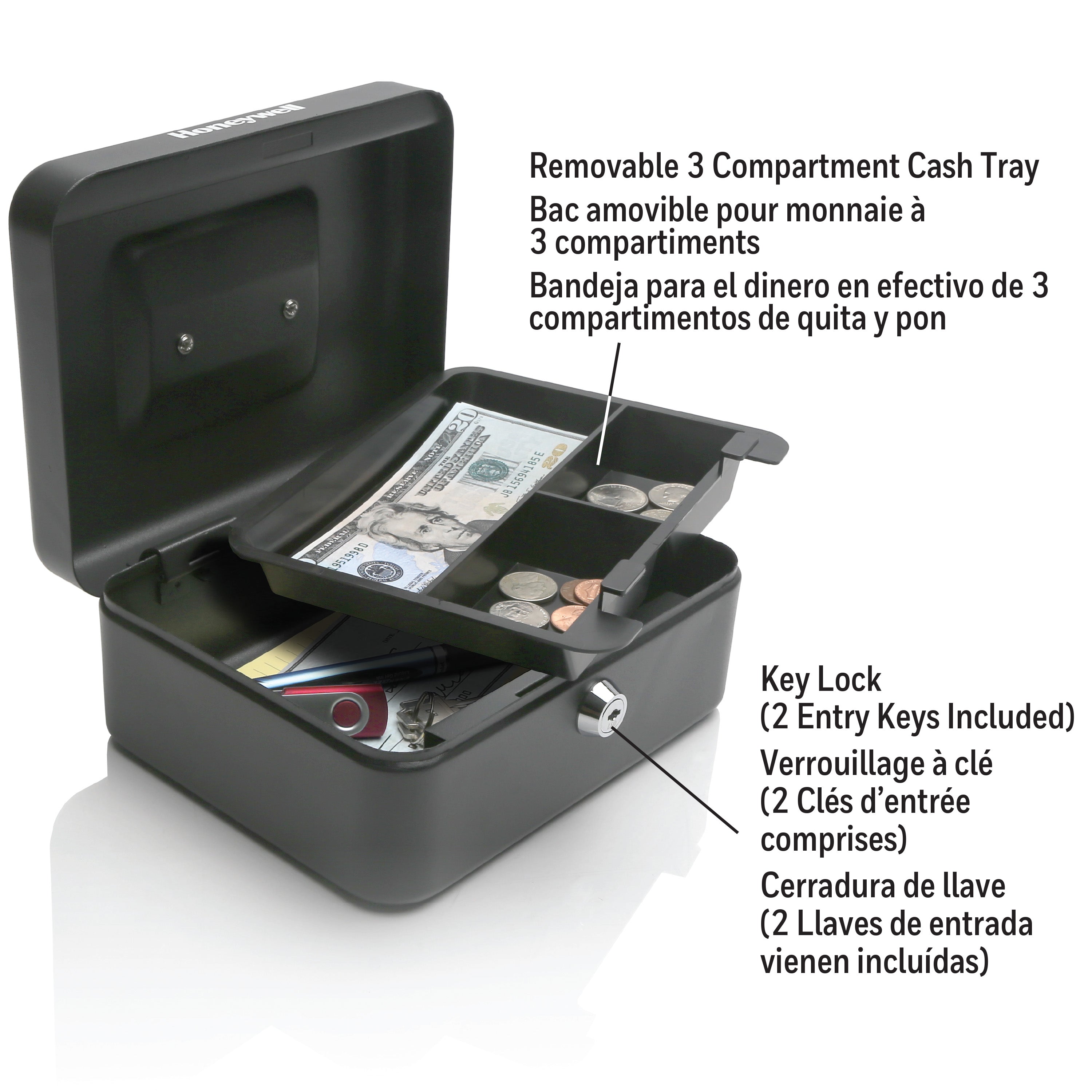 Honeywell 6202 Steel Cash Box with Key Lock & Removable 3-Slot