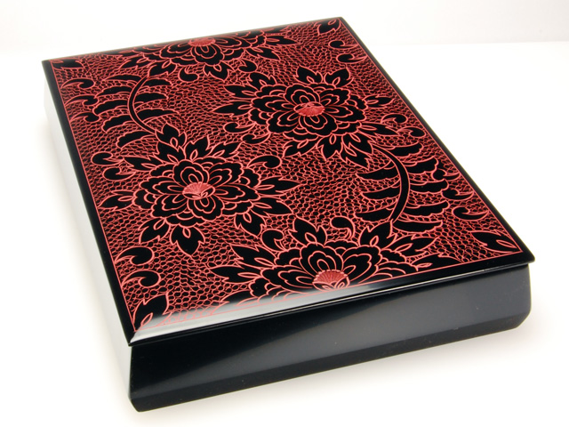 木製本漆塗 白木屋漆器店オンラインショップ＜黒＞削ぎ面 平文庫 牡丹沈朱