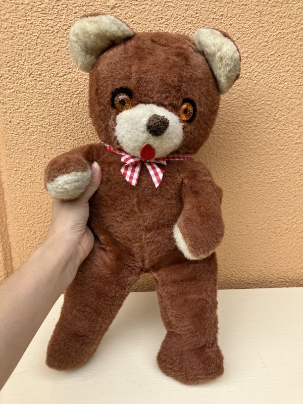 Gingham Check Ribbon Old Teddy Bear くま ビンテージ ぬいぐるみ