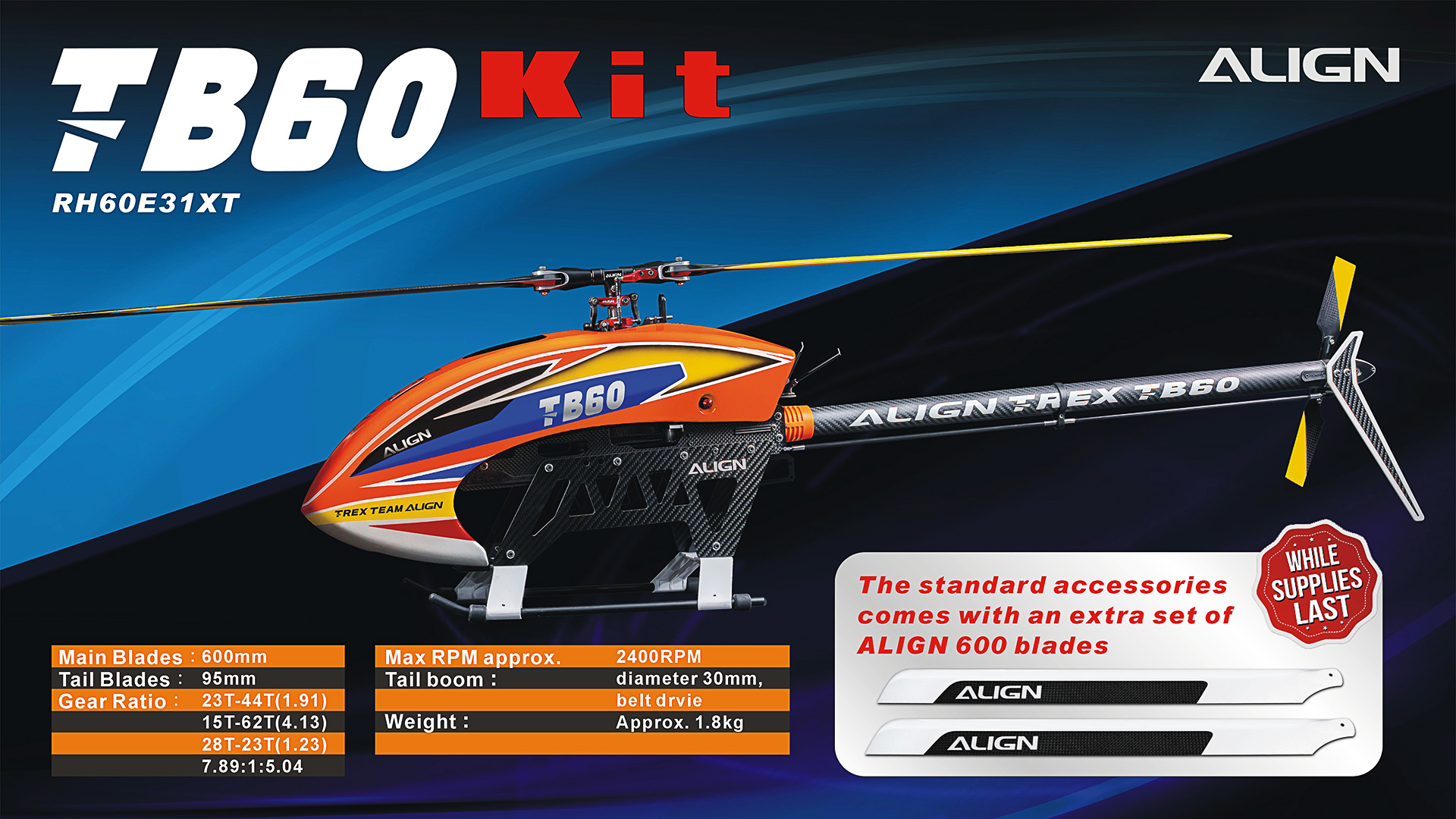 Align T-Rex TB60 6S Electric Helicopter (6S / 12S Combo or K