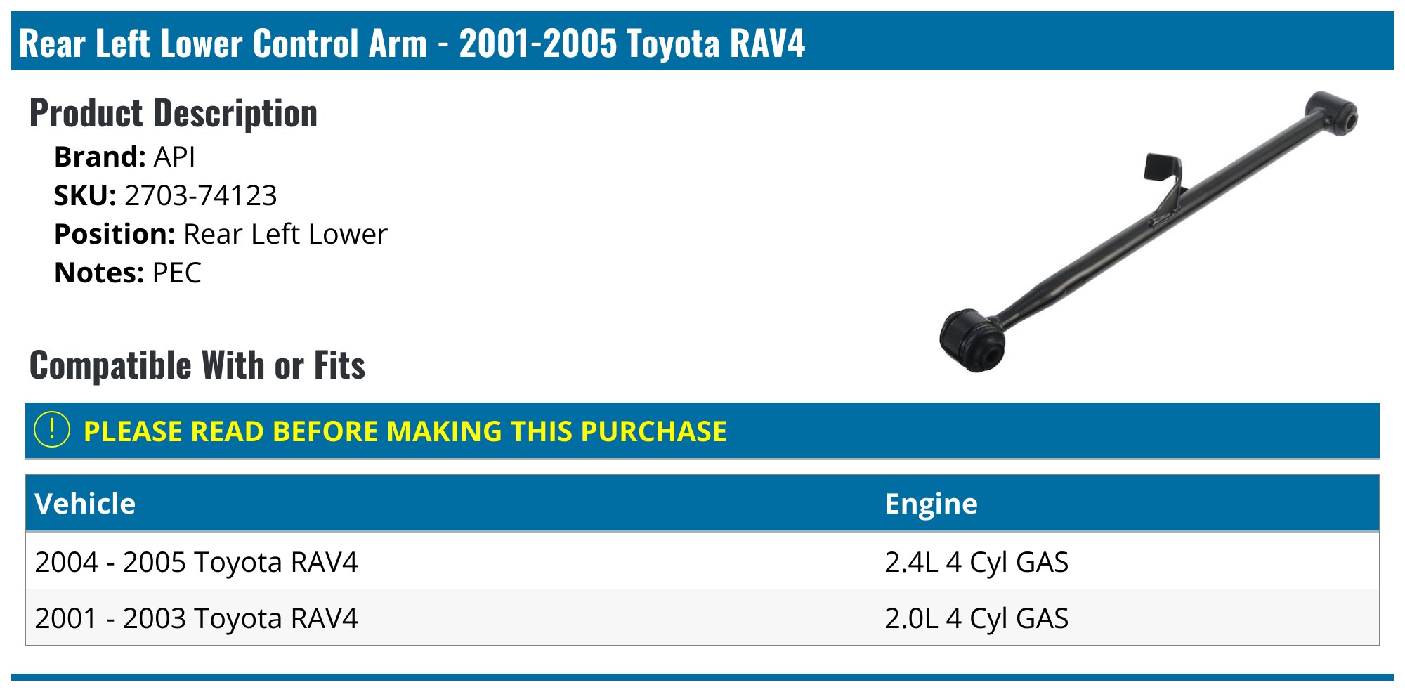 2001-2005 Toyota RAV4 Control Arm - API 8196-07524796 - Rear Left