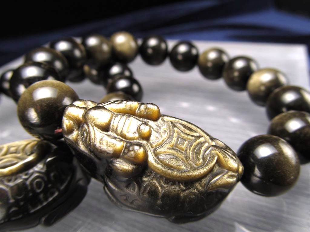 ◇財運を高める瑞獣◇ロングイ彫刻の黒曜石◇ゴールデンシャイン