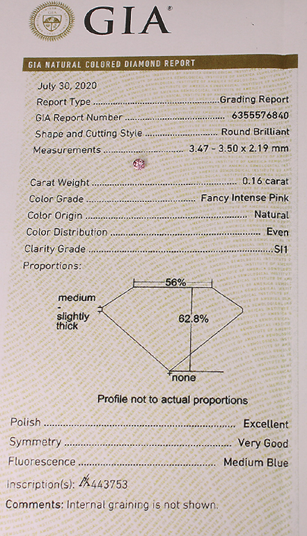 新着】（アーガイル産地証明書付）ピンクダイヤモンド 0.16ct