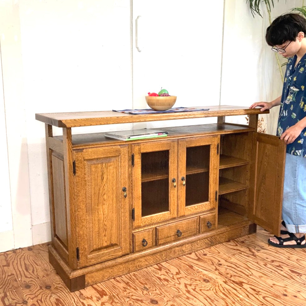 蝦夷民芸 サイドボード ナラ無垢材 国産 北海道 中古 えぞ民芸