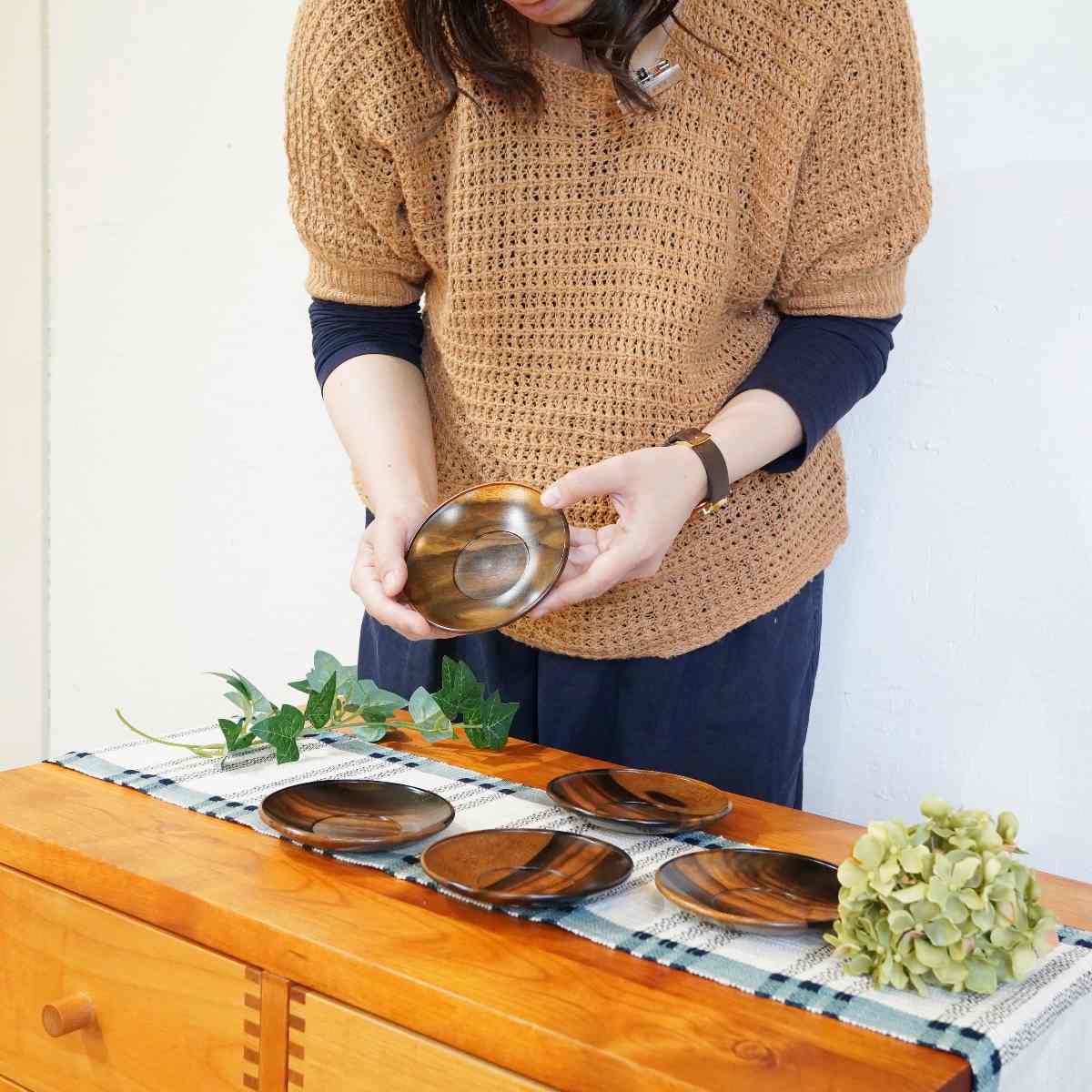 おかや木芸 名月 茶托4寸 5客セット 黒柿 小皿 未使用品 中古