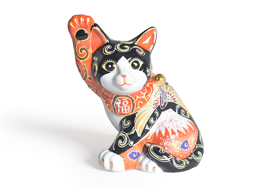 九谷焼 招き猫 置物 赤富士に鶴