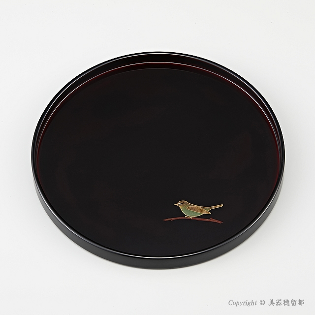輪島塗 丸盆 8.5寸 干支・うぐいす蒔絵 外黒内溜