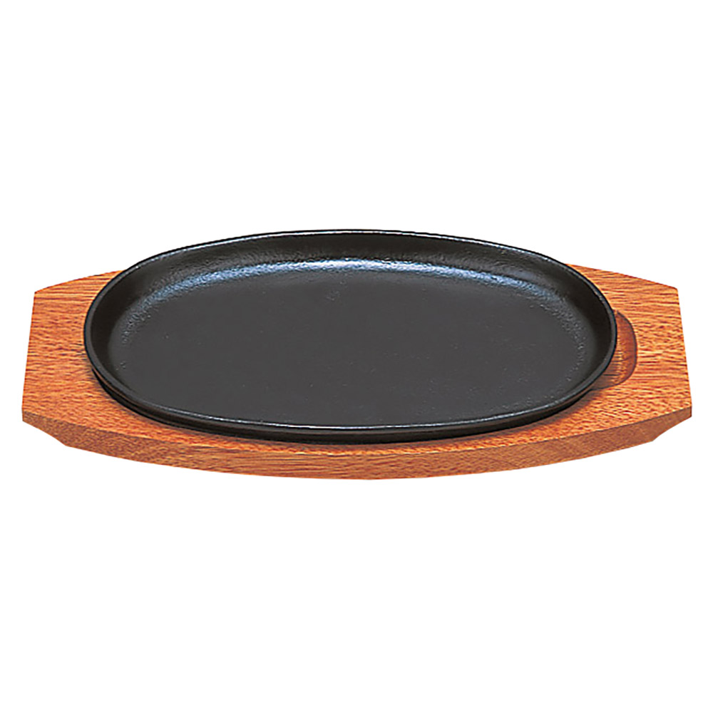 鉄・木］小判型ステーキ鉄皿 （木台付）30cm(ステーキ用の鉄皿)|食器