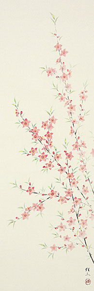 お雛様の掛け軸 佐藤桂三作 桃の花 半切立