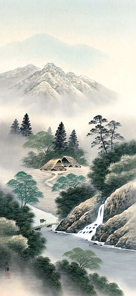 山水の掛け軸 川島広陽作 彩色山水