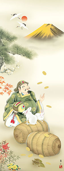 開運・鯉の滝登り 榎本東山作 縁起兎大黒天 干支の掛け軸 卯年/兎/うさぎ