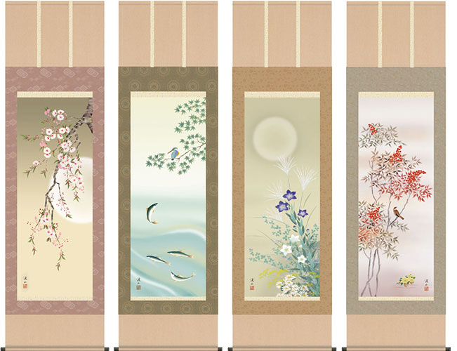 花鳥の掛け軸 伊藤渓山作 四季花鳥 お得な4本セット