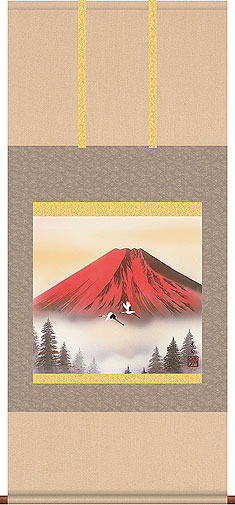 山水の掛け軸 伊藤香旬作 赤富士飛翔