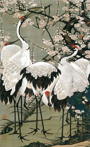 有名作家の掛け軸 伊藤若冲作 梅花群鶴図