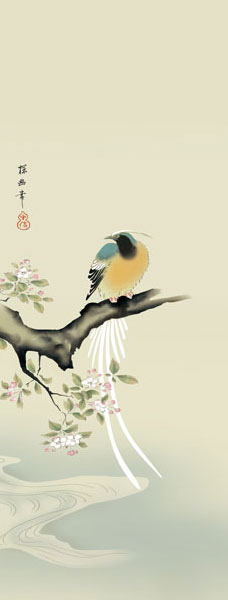 有名作家の掛け軸 狩野探幽作 海棠に尾長鳥