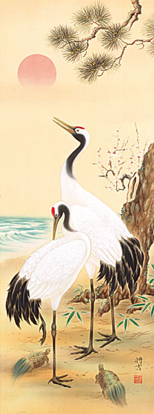 鶴亀の掛け軸 佐々将吉作 松竹梅鶴亀 p2201