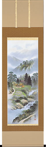 山水の掛け軸 国関秀峰作 四神相応山水図