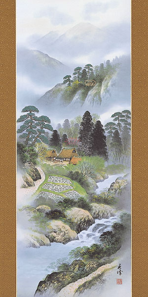 山水の掛け軸 国関秀峰作 四神相応山水図