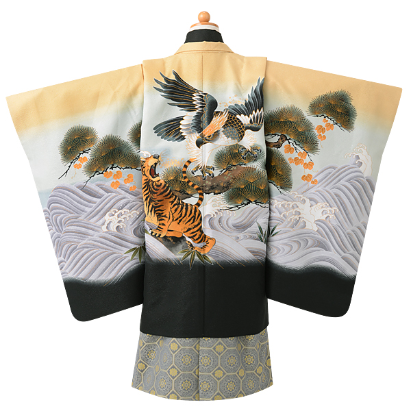 男児袴：BY007 【五歳】薄橙色×黒 波に虎と鷹 七五三男児袴レンタル