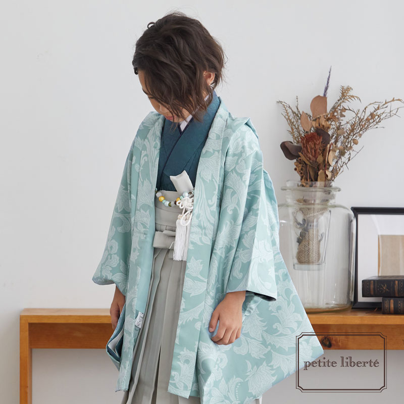 男児袴：BY075 【五歳】水色更紗×薄グレー無地 七五三男児袴レンタル