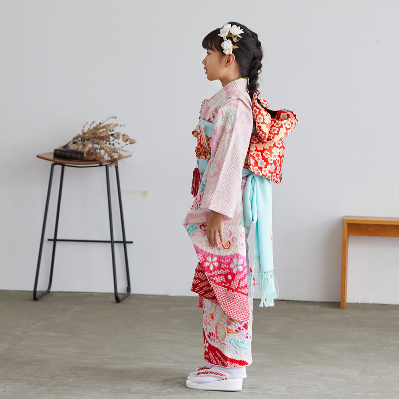 七五三七歳四つ身：N079 【正絹】淡ピンク 総絞り 熨斗束に手毬