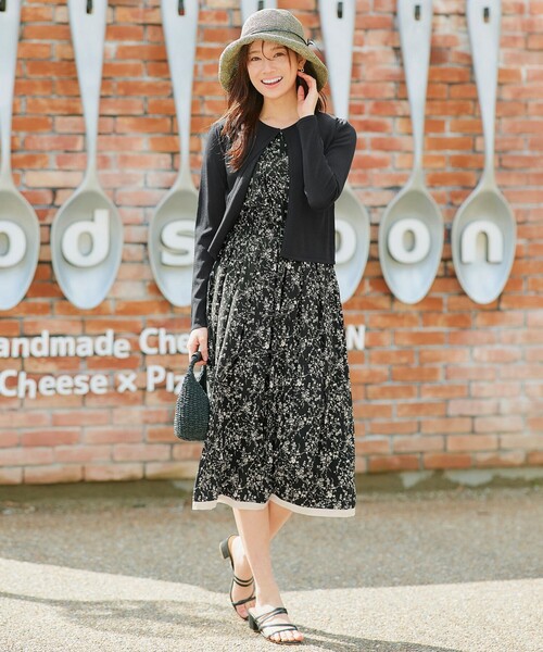 Tiaclasse ワンピース 「袖が選べる・洗える」配色モノクロ花柄