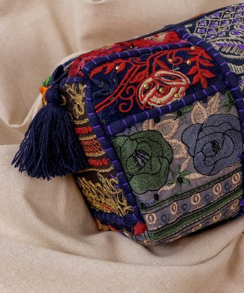 ポーチ 刺繍 サリーパッチワーク スクエア ボックス インド レディース
