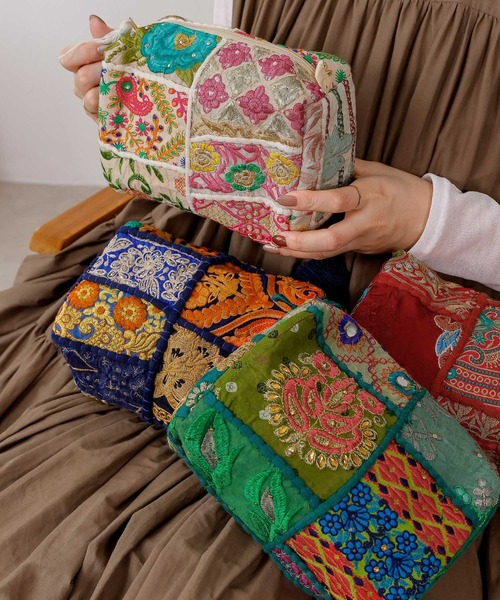 ポーチ 刺繍 サリーパッチワーク スクエア ボックス インド レディース