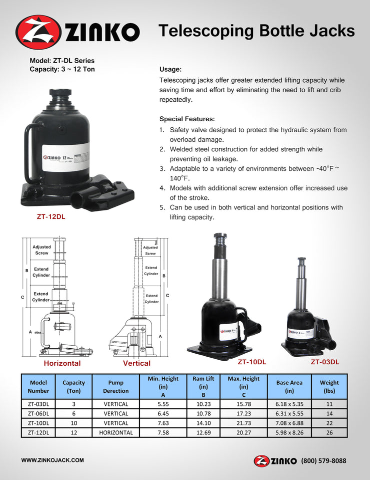 ZT-03DL, 3 Ton Telescoping Bottle Jack ( 2 Stage ) – Zinko