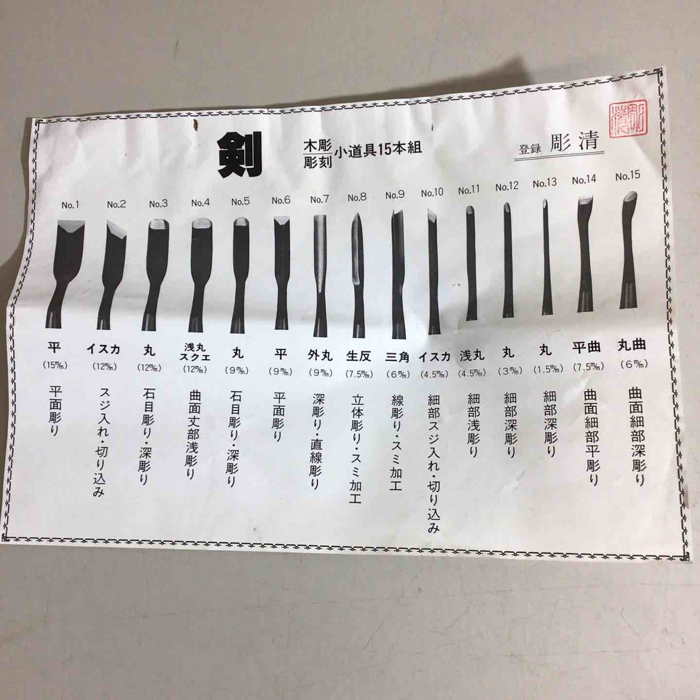 未使用品】清玄作 木彫のみ 剣組15本 鑿・鉋・大工道具 ノミ【戸田店