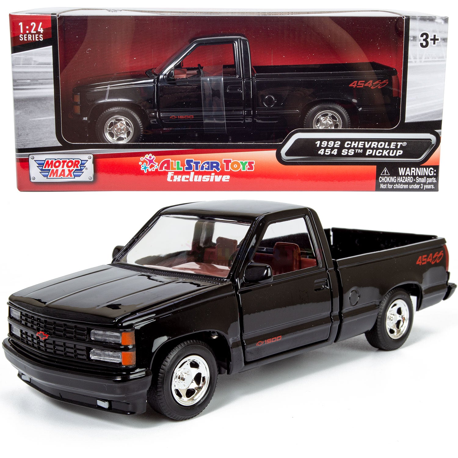 1992 Chevrolet C1500 454SS Black with Red Interior 1:24 Diecast