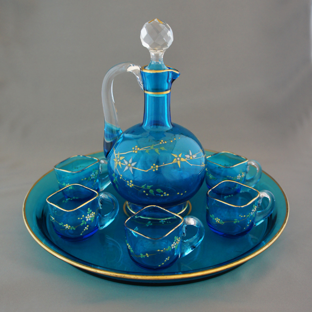 オールドバカラ「青色ガラス 草花文 リキュールセット」《アンティック