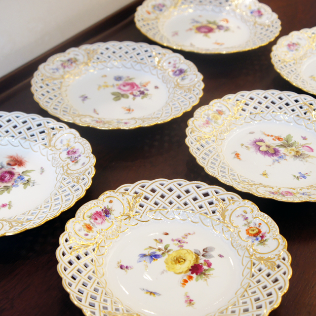 マイセン「花文様 透かし装飾絵皿6客組」《アンティックかとう》