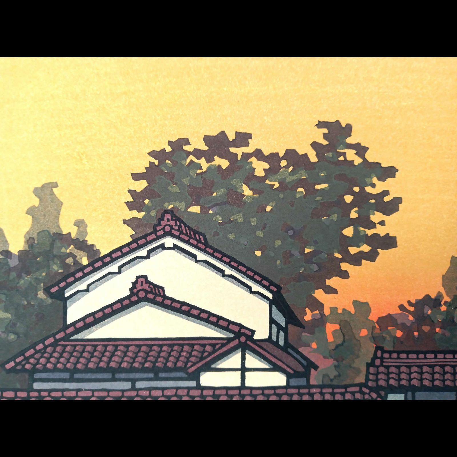 真作]創作版画 西嶋勝之先生木版画「夕明」サインあり 無限定 ☆送料