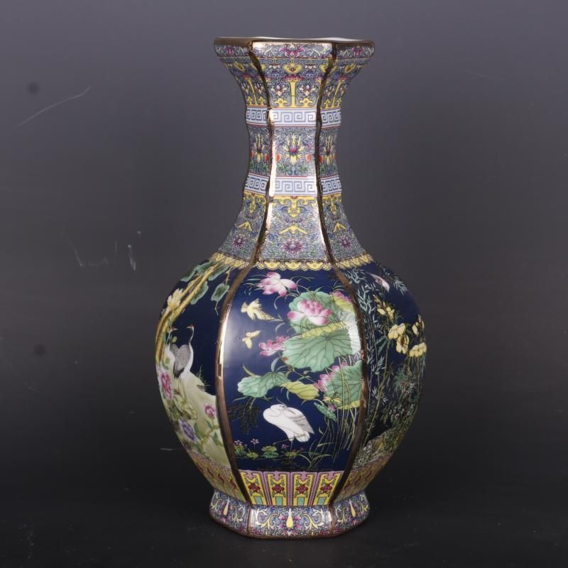 琺瑯彩六稜蒔金花鳥瓶 景徳鎮 陶磁器 装飾品 現代工芸品 美術品 置物