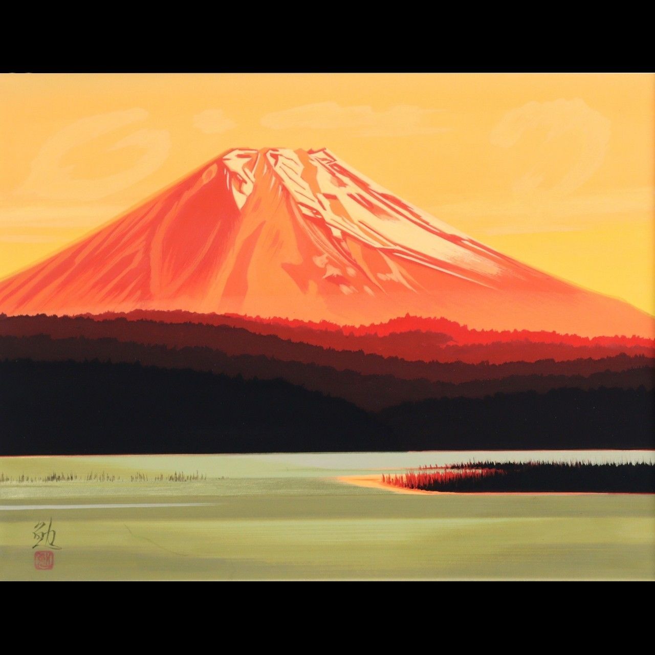 ▽谷崎勉 「富士」肉筆日本画6号 共シール 赤富士 山風景 唐物 骨董 古