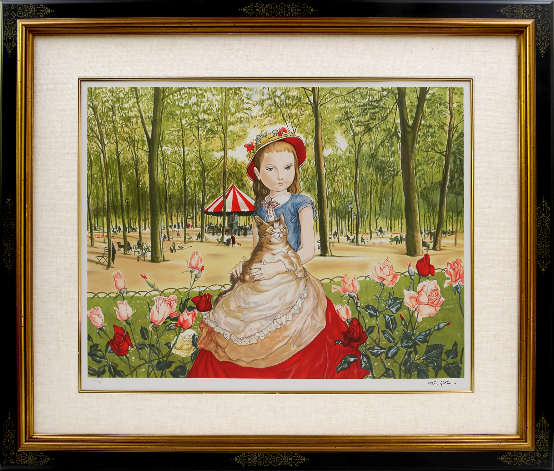 藤田嗣治（レオナール藤田）『 公園の少女と猫』 | リトグラフ | 日経