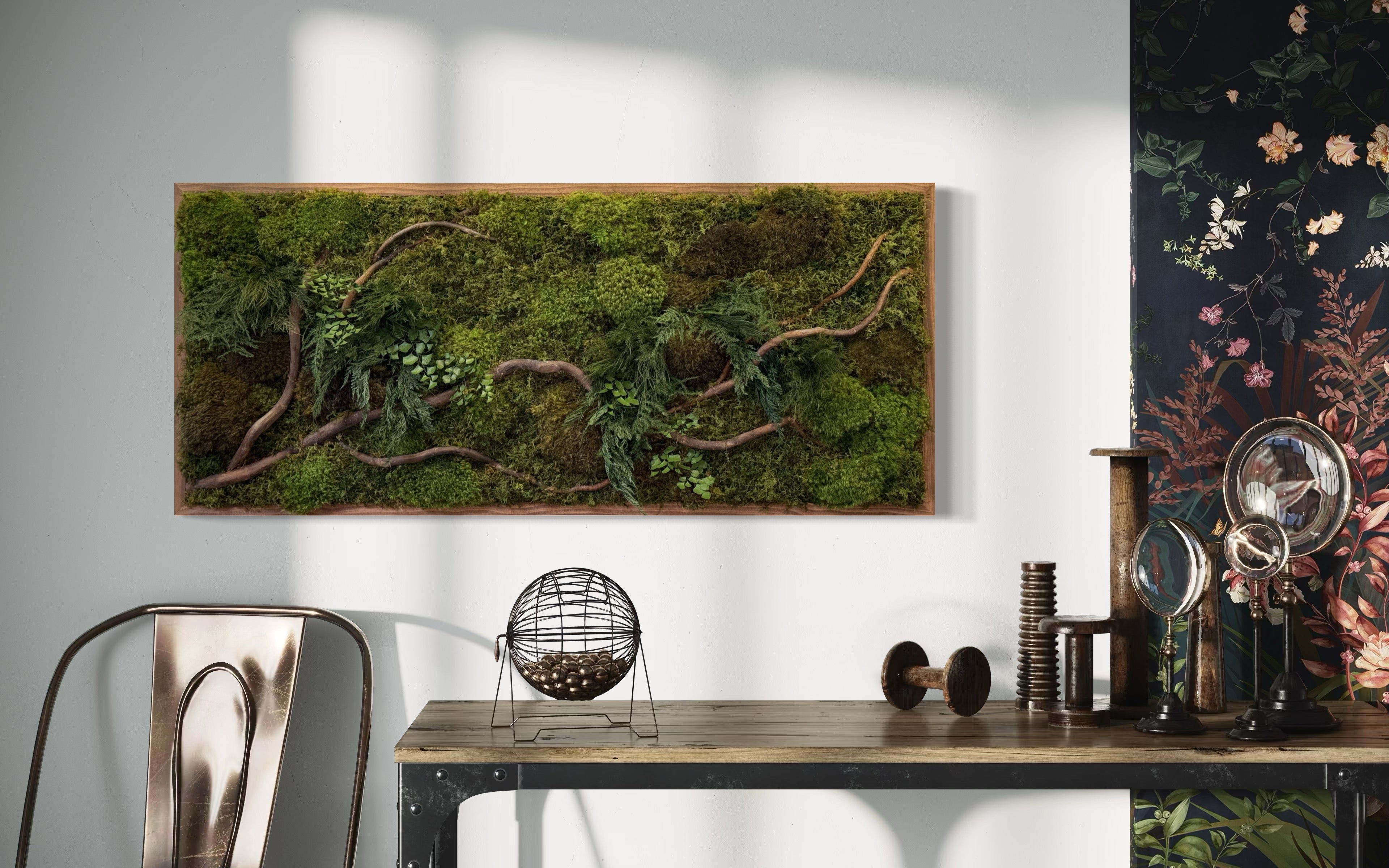 Moss Art with Natural Barked Branch 40