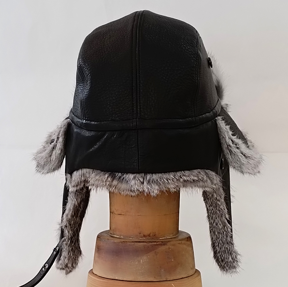 フライトキャップ 牛革(黒)×ラビットファー(グレー) つばなし飛行帽