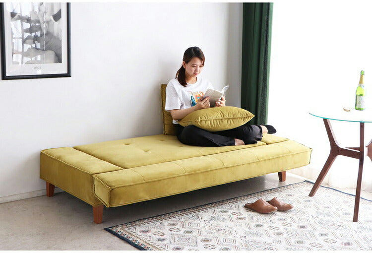 ソファベッド イエロー クッション付き 幅193cm ローソファ リビング