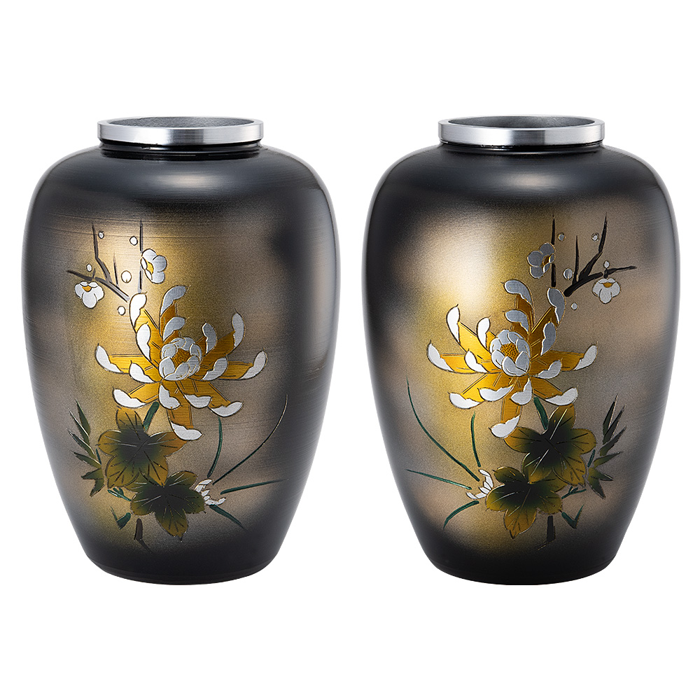仏壇用花瓶・お盆用花瓶 アルミ製 太夏目型 菊四君子彫金入り (一対) 9