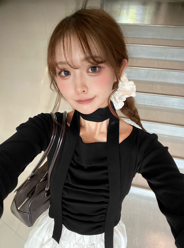 タイ付きギャザーリブトップス[an1818] | レディースファッション通販