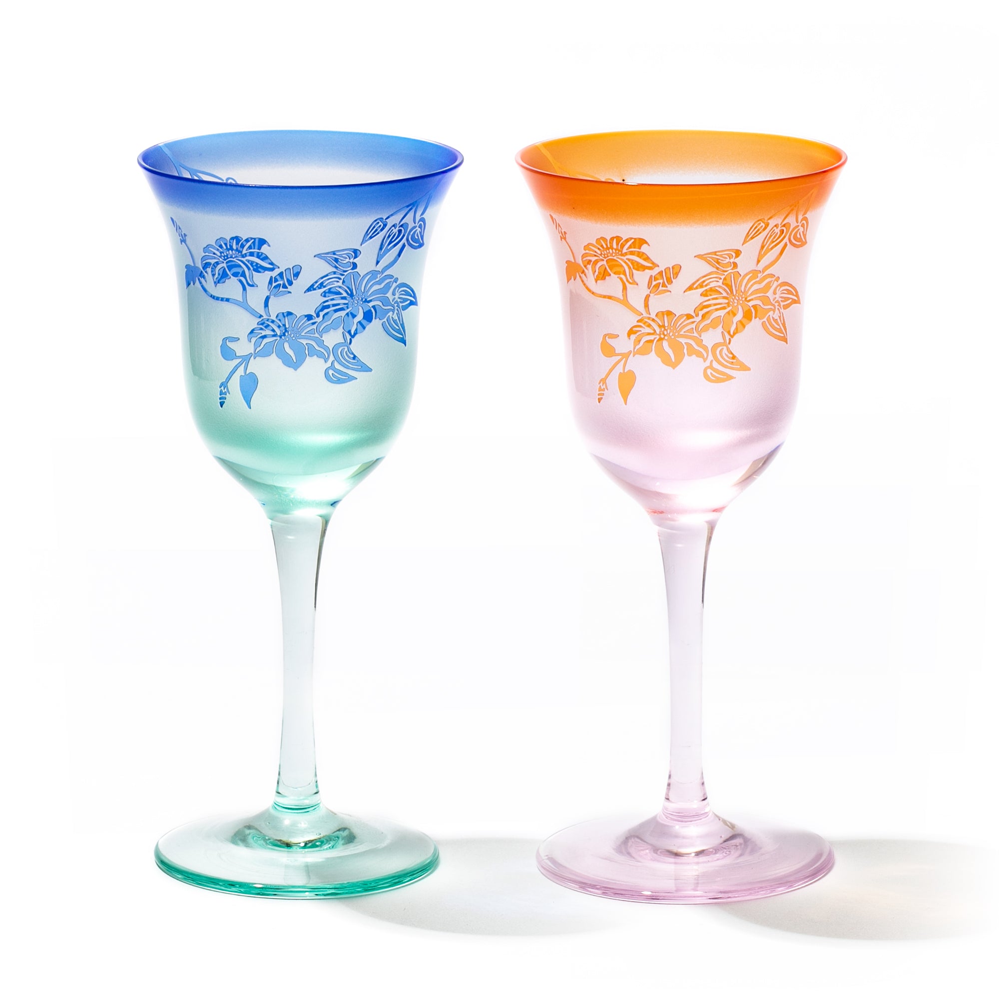 彫刻 夢柄子 ぶどう紋 ワイングラス ピンク/グリーン ｜江戸切子グラス