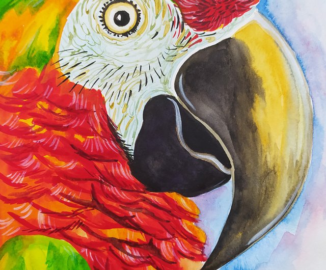 ロシア 赤いオウムコンゴウインコ水彩画アート絵画動物の鳥オリジナル