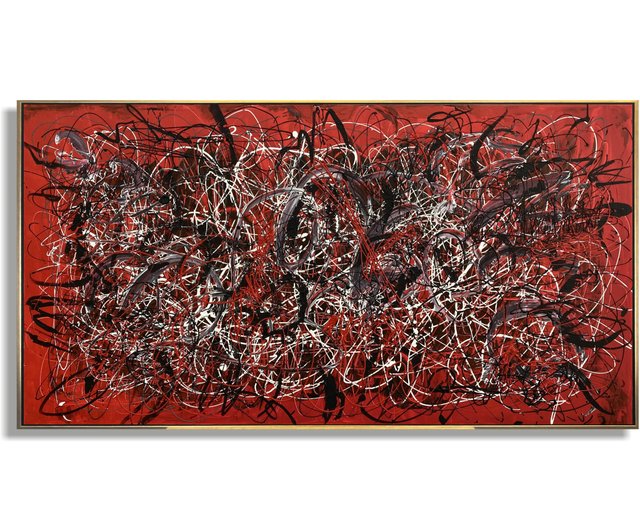 送料無料】スペイン ジャクソン・ポロック風の赤い抽象キャンバス絵画