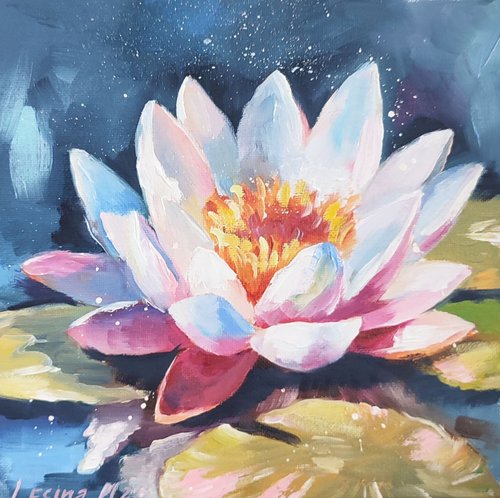 ロシア 蓮 オイルペインティング 蓮 原画 ピンクの花 アートワーク