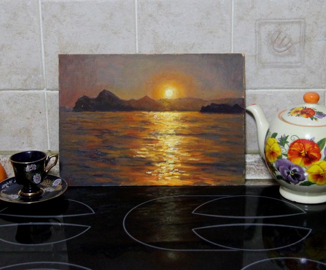ロシア 夕焼けの風景画 オリジナル海ビーチアート 山のアートワーク