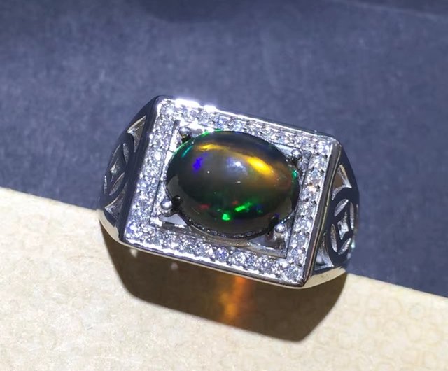 送料無料】ブラックオパールリング、メンズブラックオパールリング