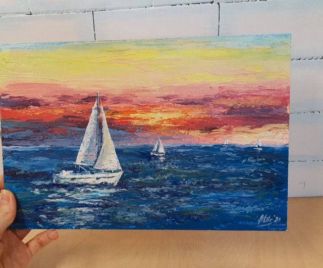 送料無料】ロシア 夕焼け空アート オリジナルアクリル画 ボート画 海景